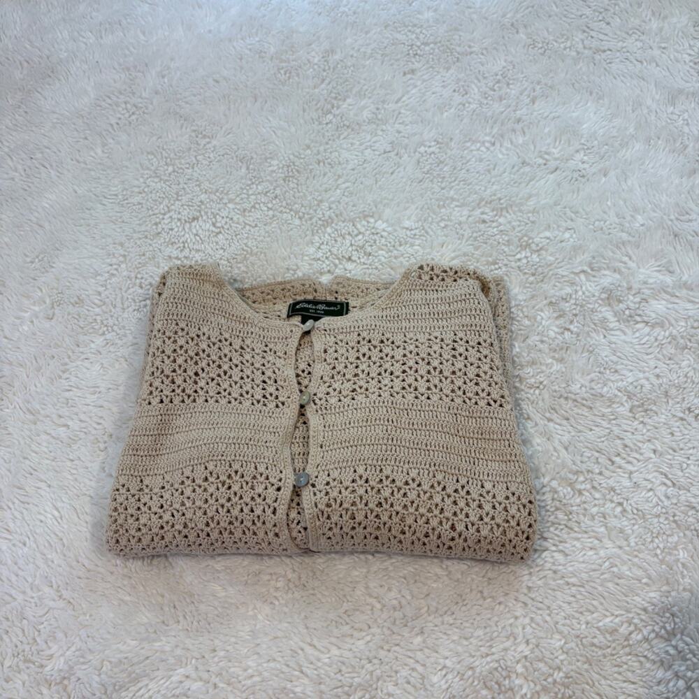 Eddie Bauer Womens Cardigan Crocheted Beige Linen Blend Beachy MP Resort Boho